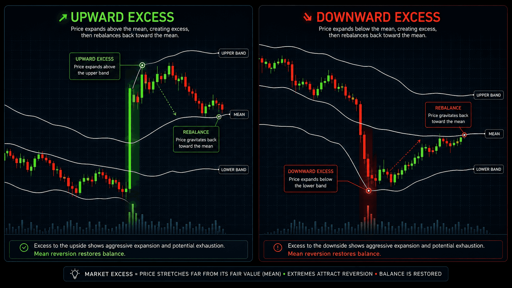 Market excess and mean reversion: upward excess and downward excess examples