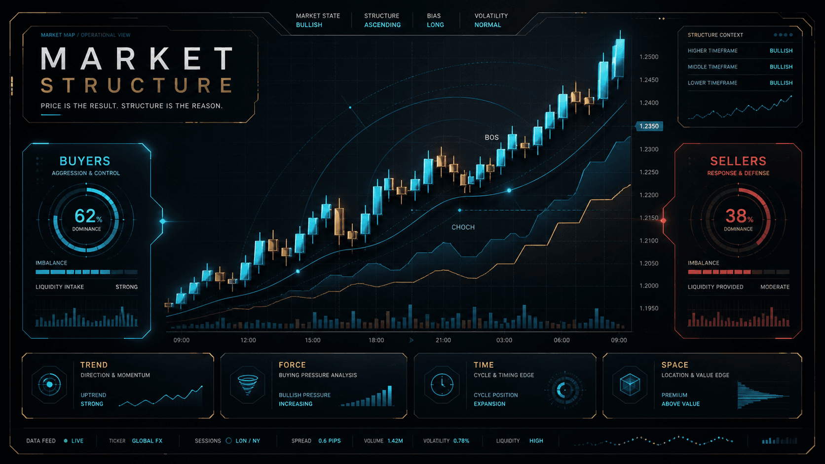Market Structure dashboard with buyers, sellers, trend, force, time and space