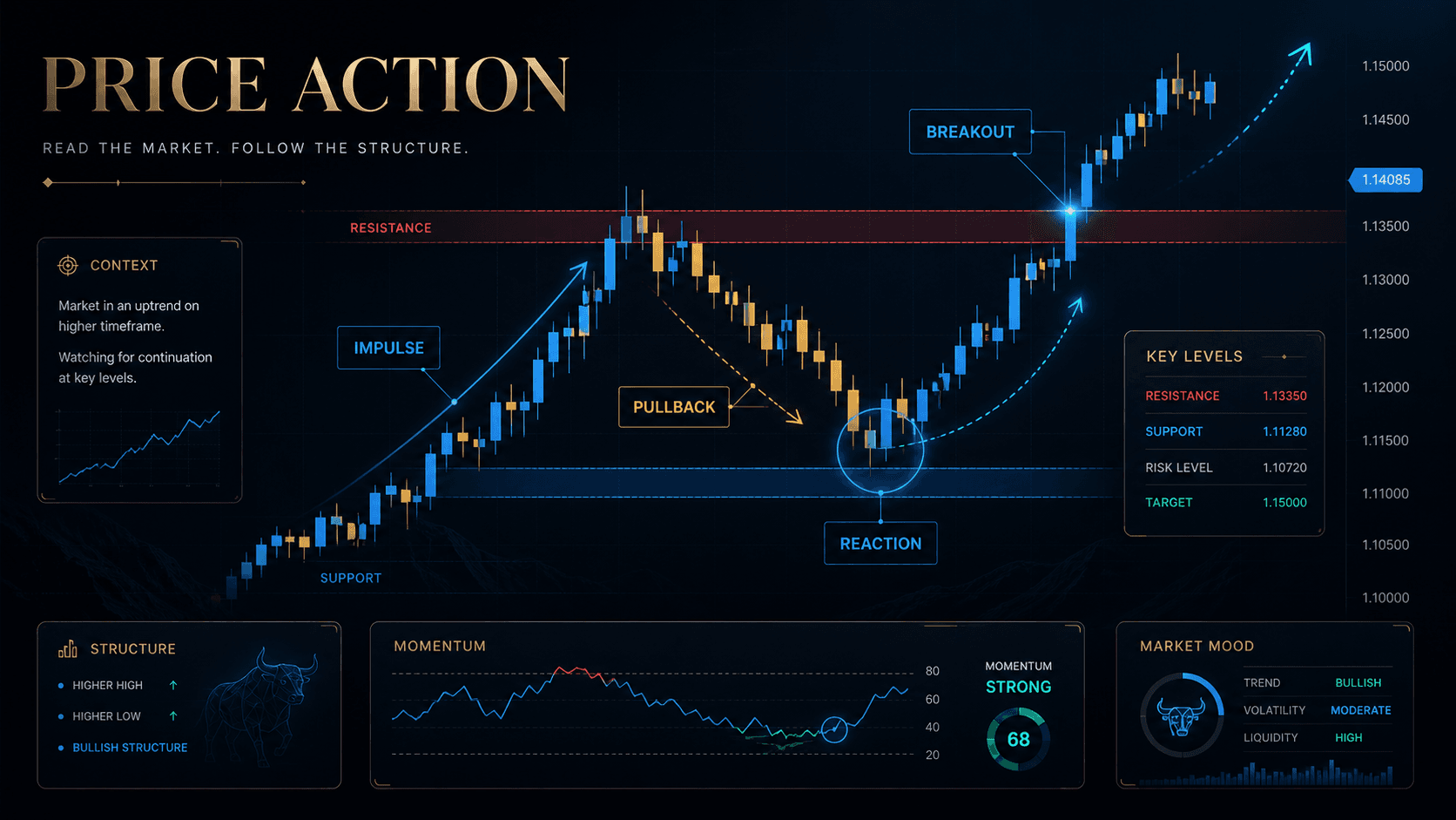 Price Action dashboard with impulse, pullback, reaction, breakout, support and resistance