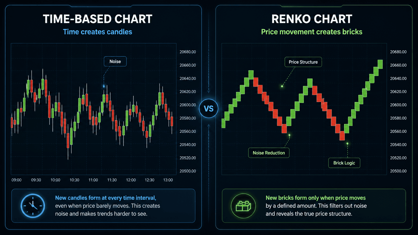 Comparison between a time-based chart and a Renko chart